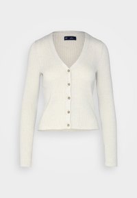 Biała, prążkowana kamizelka z długimi rękawami, dekoltem w serek i zapięciem na sześć guzików. Miękka textura z delikatnym połyskiem, odpowiednia do noszenia na warstwy.