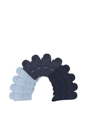 Twelve pairs of ankle socks arranged in a semicircle, in three colors: light gray, dark gray, and black, each labeled with "H.I.S".