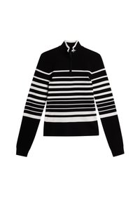 Svart- och vitrandig långärmad topp, ribbad textur, halvdragkedja vid kragen, med iögonfallande horisontella ränder i varierande tjocklek.