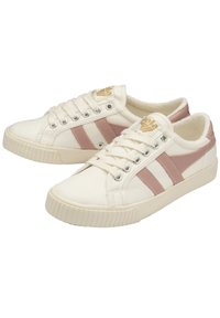 Baskets en toile crème avec des rayures rose clair, bout rond, semelle en caoutchouc et design à lacets. Dotées d'une doublure intérieure douce et d'un logo sur la languette.