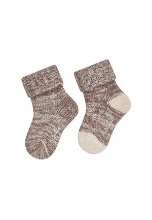 Pair of folded brown and beige knit wool socks with contrasting heel and toe sections laid flat on white background.