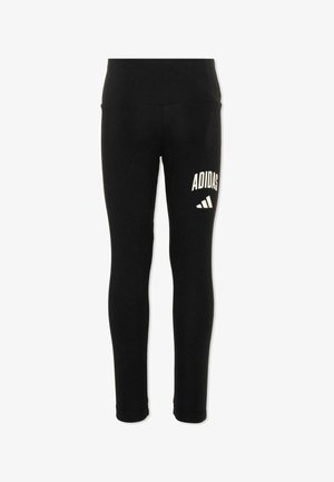Zwarte Adidas legging met hoge taille, voorzien van een wit Adidas-logo en branding op de bovenkant van de dij.