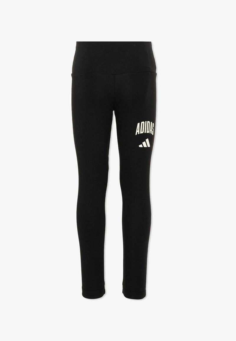 Leggings Adidas noirs taille haute, avec logo Adidas blanc et marquage sur la cuisse supérieure.