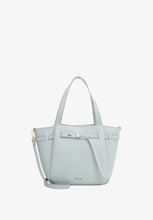 Světlé šedé kožené taška na rameno s dvěma rukojetěmi a odnímatelným ramenním popruhem. Vyznačuje se minimalistickým designem a zlatými kovovými doplňky.