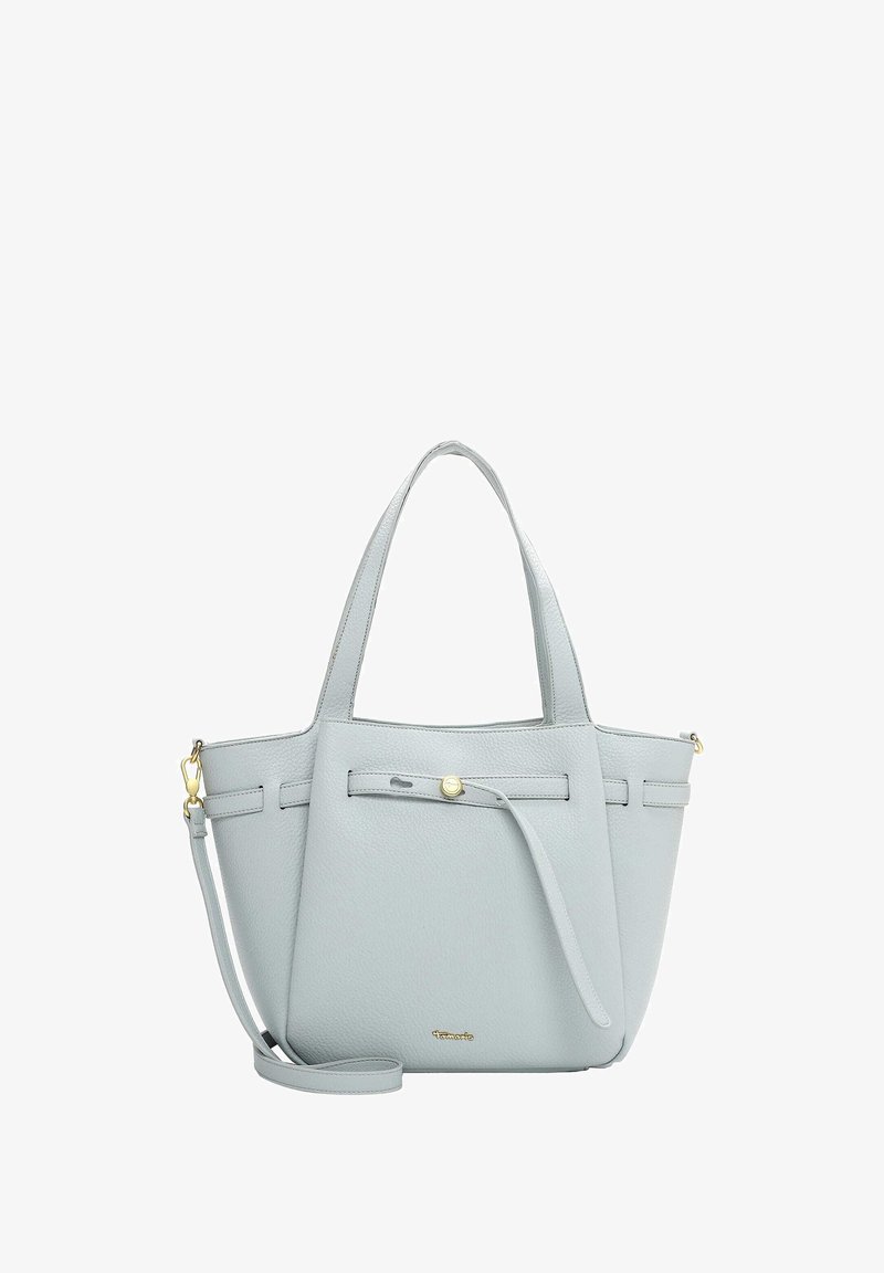 Světlé šedé kožené taška na rameno s dvěma rukojetěmi a odnímatelným ramenním popruhem. Vyznačuje se minimalistickým designem a zlatými kovovými doplňky.