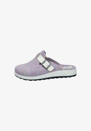 Purple felt clogs with a white adjustable buckle, white midsole, and black outsole. Rounded toe and open back for easy wear.
