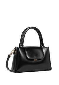 Borsa a mano in pelle nera con forma strutturata, doppi manici piatti, chiusura a pattina e dettagli in metallo dorato. Texture liscia e lucida.