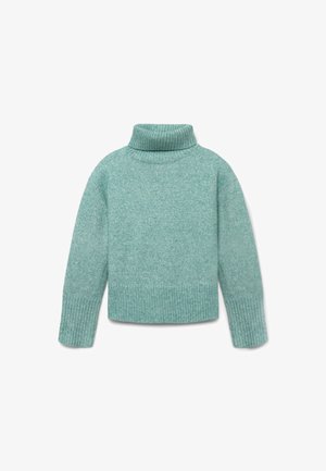 Mintgrüner, kurzer Rollkragenpullover mit weicher Textur, gerippten Bündchen und dickem Rippenkragen, der ein gestricktes Muster zeigt.