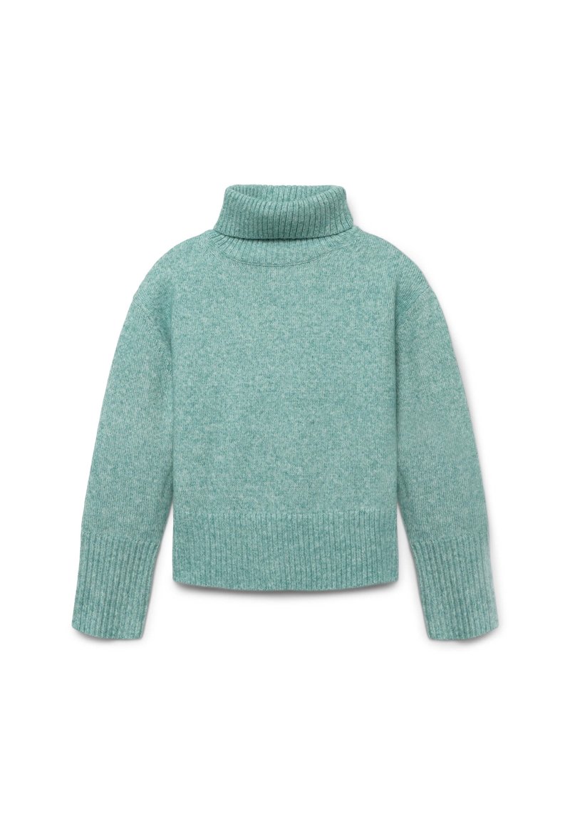 Maglione a collo alto cropped verde menta, con una texture morbida, polsini a coste e un collo spesso a coste, che mostra un motivo lavorato a maglia.