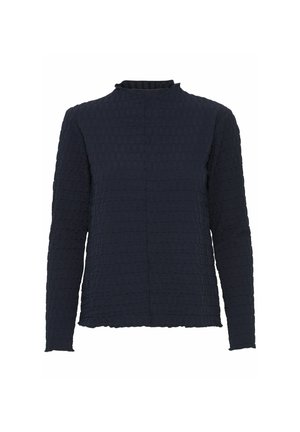 Maglietta a maniche lunghe blu navy con motivo quadrato testurizzato, scollo alto e vestibilità dritta. Il materiale sembra morbido e leggero.