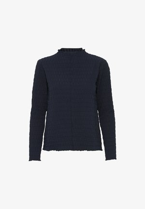 Zila garām piedurknēm ar teksturētu kvadrātu rakstu, augstu apkakli un taisnu piegriezumu. Materiāls izskatās mīksts un viegls.