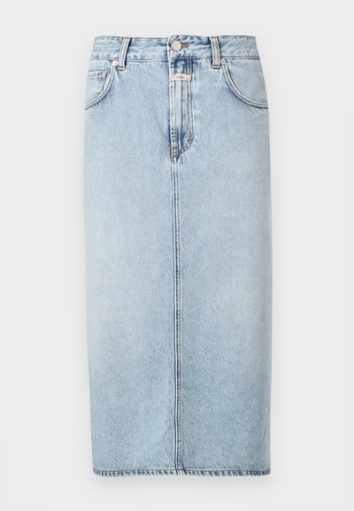 Βεραμάν τζιν φούστα με ευθύ σχεδιασμό, μπροστινές τσέπες, ζώνη μέσης με θηλιές για ζώνη και μήκος μέχρι το γόνατο. Χωρίς εμφανή σχέδια.