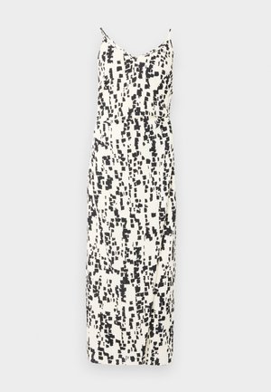 Robe sans manches de couleur crème avec un motif abstrait noir, présentant une taille ajustée, une silhouette droite et un ourlet mi-long.