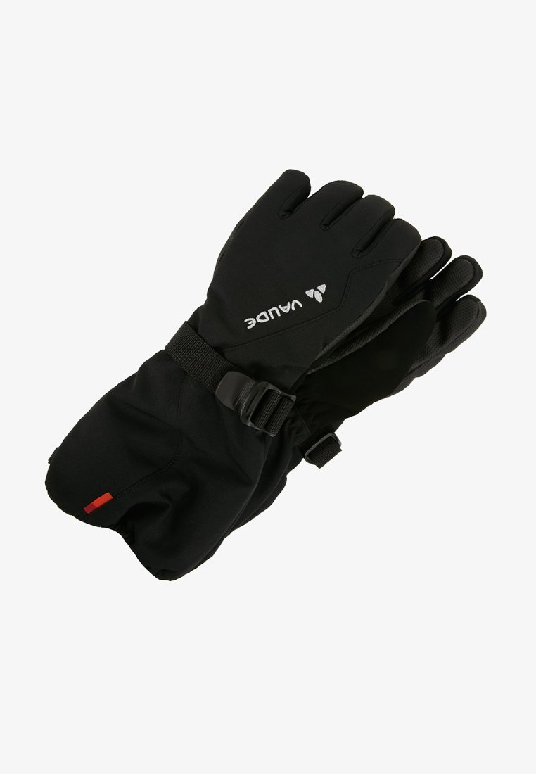 Luvas pretas feitas de um material suave e impermeável, com um ajuste confortável, apresentando uma faixa ajustável e um logotipo na parte de trás.