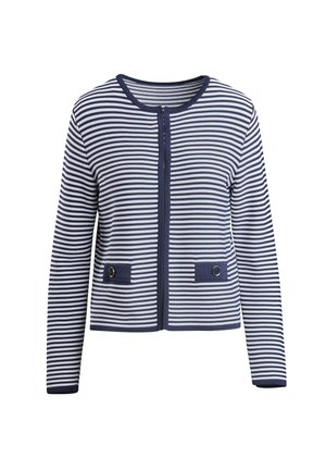 Navy- und weiße gestreifte Strickjacke mit langen Ärmeln, Frontreißverschluss und zwei horizontalen Taschen mit runden Knöpfen.