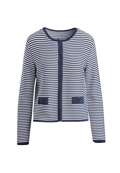 Jūrinės ir baltos juostelės megztinis su ilgomis rankovėmis, priekyje užtrauktuku ir dviem horizontaliais kišenėmis su apvaliais mygtukais.