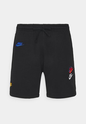 Czarne krótkie spodenki Nike z elastyczną talią i sznurkiem, z pięcioma małymi, wielokolorowymi haftowanymi logo Nike po obu stronach z przodu.
