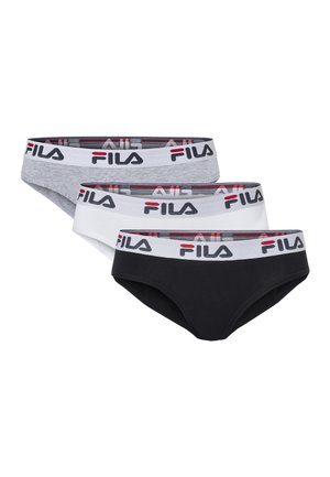 Tre dame bikini trusser i grå, hvid og sort, hver med en hvid linning med FILA-logo i sort og rødt.