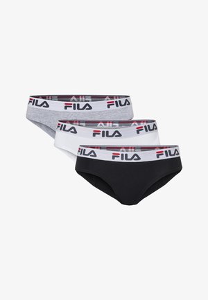Trois culottes de bikini pour femme en gris, blanc et noir, chacune avec une ceinture blanche portant le logo FILA en noir et rouge.