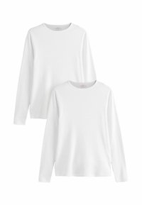 Two long-sleeve white T-shirts made of ribbed fabric with a crew neckline, exhibiting a simple, classic design and smooth texture.