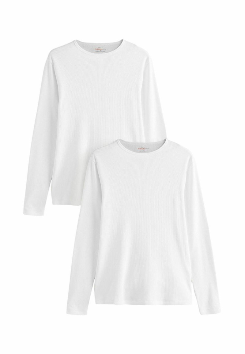 Two long-sleeve white T-shirts made of ribbed fabric with a crew neckline, exhibiting a simple, classic design and smooth texture.