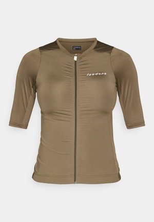 Kurzärmliges Fahrradtrikot in olivgrün, mit Reißverschluss vorne, strukturiertem Stoff und einem Logo auf der Brust. Hautenger Schnitt.