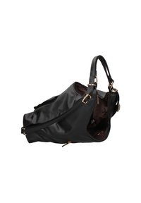 Borsa a tracolla in pelle nera con un design morbido, hardware in tonalità dorata, chiusure con zip e un ampio interno con rivestimento marrone.