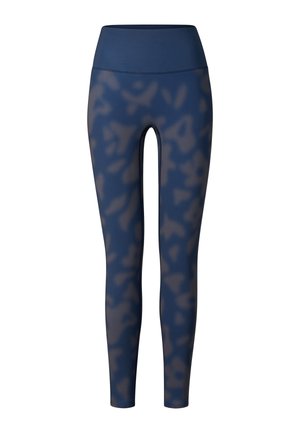 High-waisted navy blue leggings with a subtle dark blue camouflage pattern, full-length with a smooth waistband.