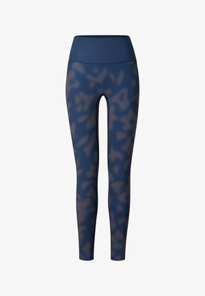 Leggings bleu marine taille haute avec un motif camouflage bleu foncé subtil, longueur complète avec une ceinture lisse.