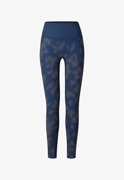 Højtaljede marineblå leggings med et subtilt mørkeblå camouflage-mønster, fuld længde med en glat taljebånd.