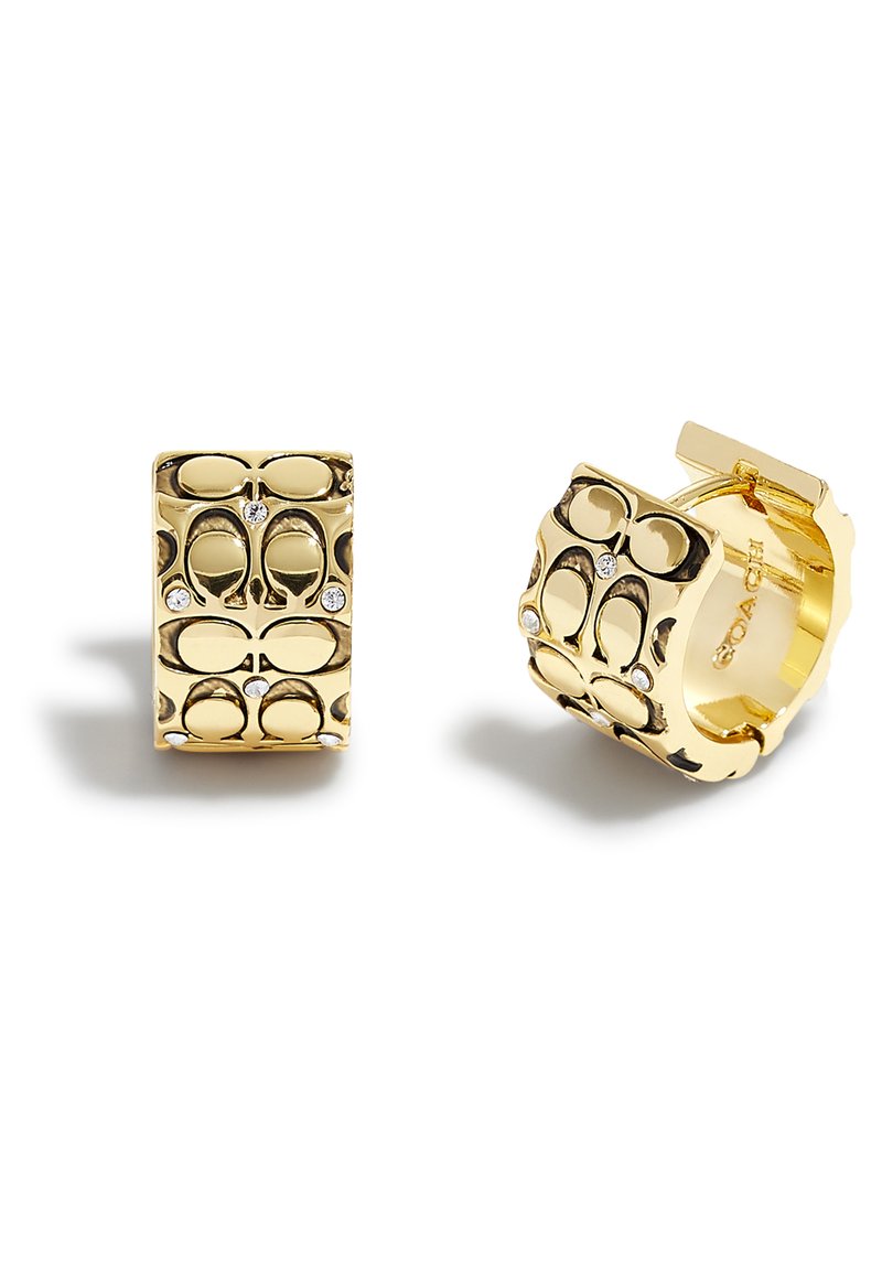 Gold-tone earrings with a rectangular shape, featuring a cut-out pattern and five small clear stones. Hinged closure on one side.