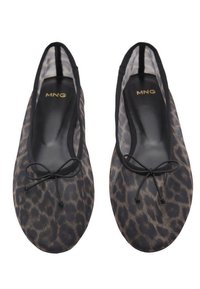 Leopard print fabric ballet flats with black trim, rounded toe, and small bow detail at the front. Black interior with gold branding.