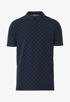 Polo shirt navy in cotone testurizzato, con un motivo a maglia caratterizzato da motivi circolari, patta con tre bottoni e colletto classico.