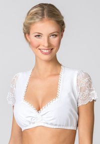 Weißes, cropped Oberteil mit Spitzenkurzärmeln, elastischer Raffung vorne und tiefem V-Ausschnitt. Verfügt über florale Spitzelemente entlang der Kanten.