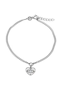 Silberne Kettenarmband mit einem herzförmigen Anhänger mit einem Augendesign und einem kleinen eingebetteten Stein. Verstellbare Länge mit Karabinerverschluss.
