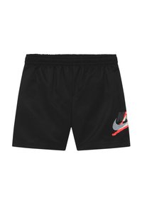 Pantalones cortos deportivos negros con una cintura elástica, textura de tela suave y un gráfico de logo multicolor en la parte inferior izquierda.