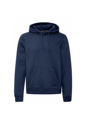 Marineblauwe hoodie van een katoenmix, met een voorzak, trekkoord capuchon, ribgebreide manchetten en onderrand. Eenvoudig ontwerp zonder patronen.
