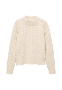 Pull en maille torsadée couleur crème avec manches longues et col, poignets, et ourlet côtelés, posé à plat sur un fond blanc.