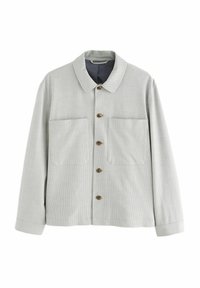 Light grey button-up jacket with a textured fabric, two front pockets, and brown buttons. Features a classic collar and long sleeves.