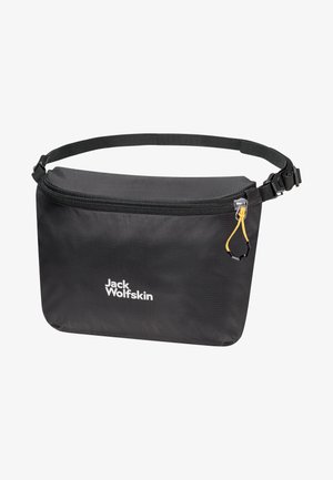 Bolsa de cintura preta em tecido com fecho de zip, alça ajustável e puxador do zip amarelo. Apresenta uma impressão de logotipo na parte da frente. Design compacto e retangular.