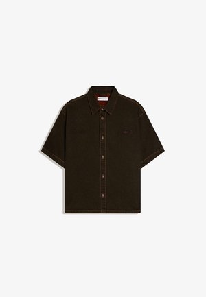 Dark brown, short-sleeve button-up shirt with collar, front buttons, and subtle embroidered logos on the chest.