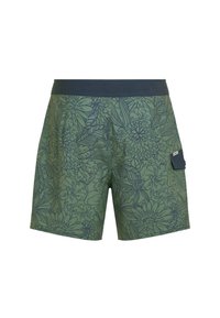 Πράσινα μαγιό σορτς με μπλε ζώνη μέσης, διακοσμημένα με φλοράλ σχέδιο σε πιο σκούρο πράσινο. Διαθέτουν πλαϊνή τσέπη με μπλε καπάκι.