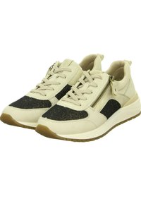 Sneaker beige con accenti in tessuto nero, dotate di una zip frontale, punta rotonda, pannelli testurizzati e suola in gomma.