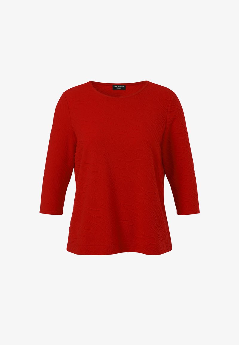 Red textured women's top with three-quarter sleeves and a round neckline, displayed against a white background.
