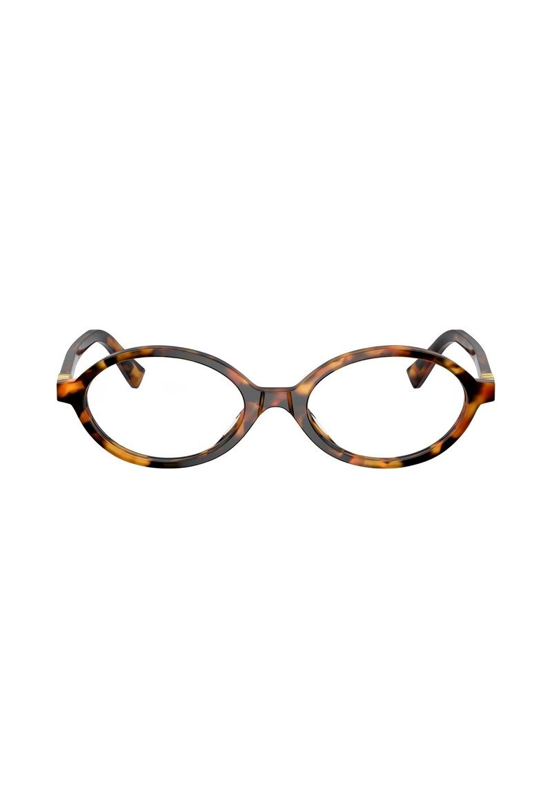 Monture de lunettes écaille avec des verres ovales, présentant une texture lisse et des branches courbées. Les couleurs incluent le marron, le noir et des accents ambre.