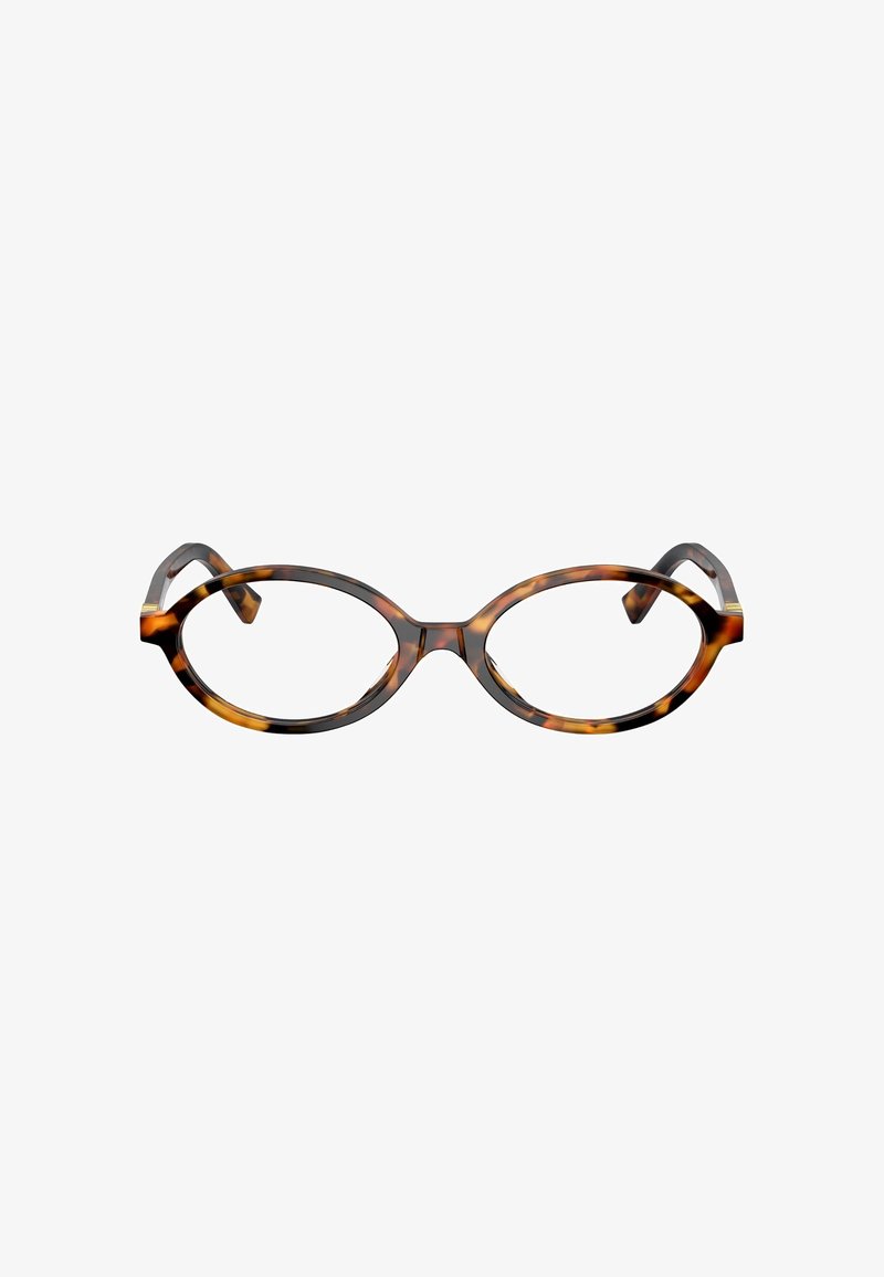 Monture de lunettes écaille avec des verres ovales, présentant une texture lisse et des branches courbées. Les couleurs incluent le marron, le noir et des accents ambre.