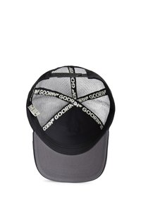 Casquette de baseball en maille noire avec visière grise, ornée d'accents blancs du logo "GOORIN'" et d'un design structuré. Dos ouvert pour une bonne ventilation.
