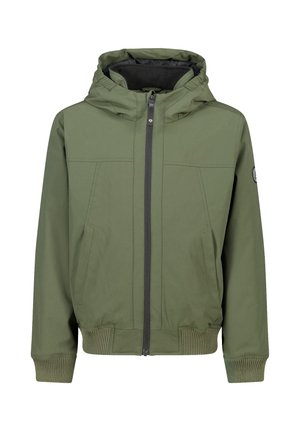 Veste à capuche verte avec fermeture éclair à l'avant, poignets et ourlet côtelés, deux poches latérales et col doublé en polaire noire.