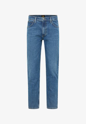 Mørkeblå denimjeans med lige ben, sømdetaljer, fem lommer og et mærket bæltestykke.