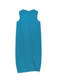 Türkisfarbenes ärmelloses Kleid mit einem lockeren Schnitt, das vertikale strukturierte Falten und einen Knopfverschluss am Rücken aufweist. Glattes Material.